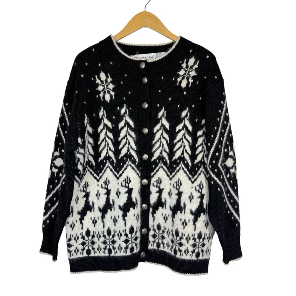 Vtg The Eagles Eye Studio Wool Cardigan‎ Sweater Reindeer Snowflake Black Sz S